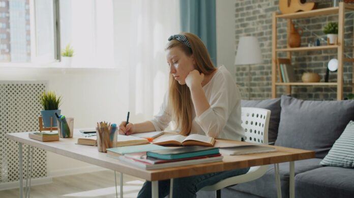 studying on table