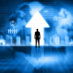 Confident businessman  look at a bright arrow door  “t